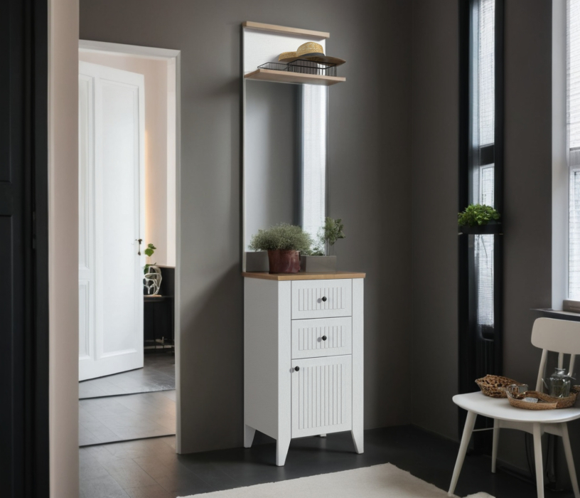 Тумбы, Тумба с зеркалом Монтана СБ-3551 Белый Альпийский,Дуб Гамильтон/МДФ Дуб Белый