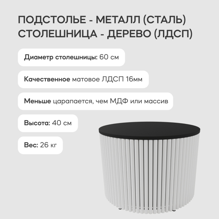 Журнальные столики, Стол круглый журнальный с белым металлическим подстольем TRUBIS Wood M 60