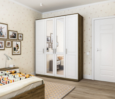 Шкафы распашные, Шкаф 4х дверный с зеркалом Илона СБ-3075 Дуб Сонома Трюфель/Сандал Белый