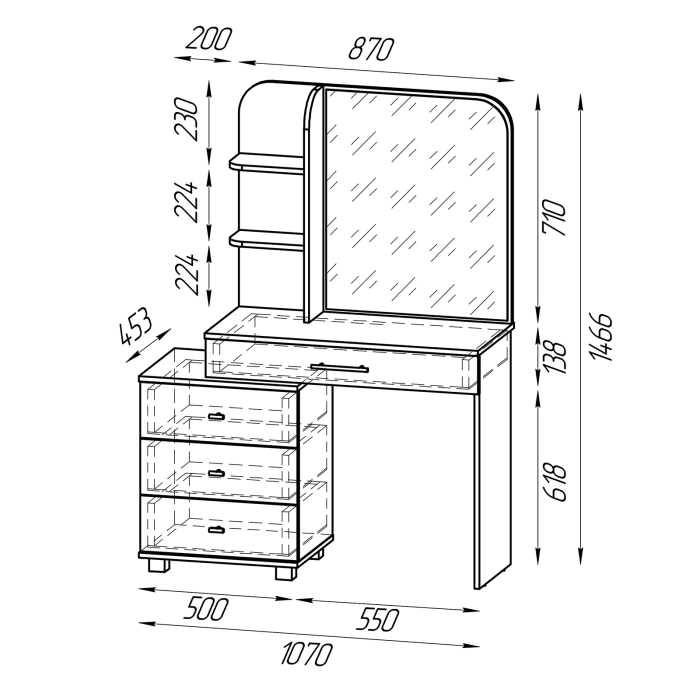 С зеркалом, Столик-трюмо в спальню Оливия и круглая высокая банкетка Марта