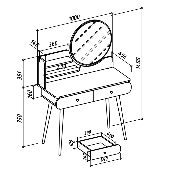 С зеркалом, Трюмо с ящиками и зеркалом в спальню 4-25914М и банкетка Полли