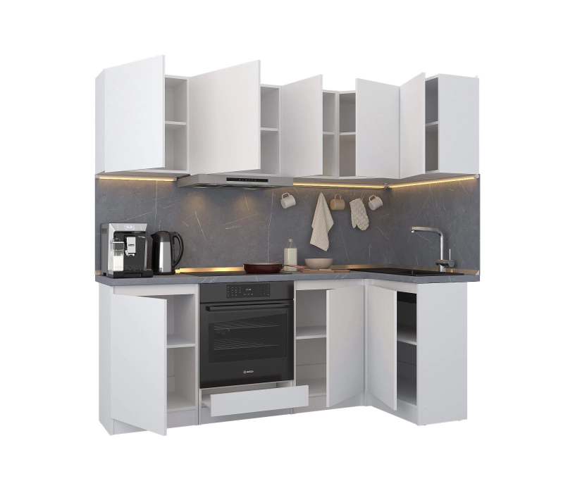 Кухонные гарнитуры, Кухонный гарнитур Леон угловой 210х100 см, белый