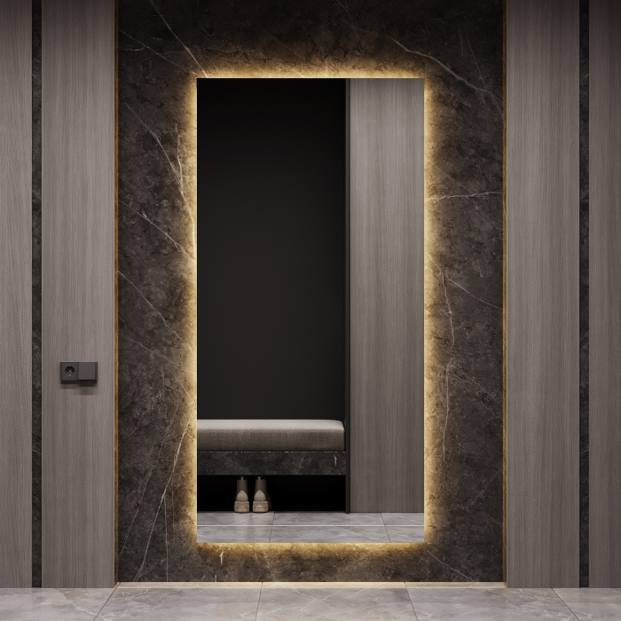 Зеркала в спальню, Зеркало с тёплой подсветкой GENGLASS HALFEO NF LED XL, с проводом 96х196 см