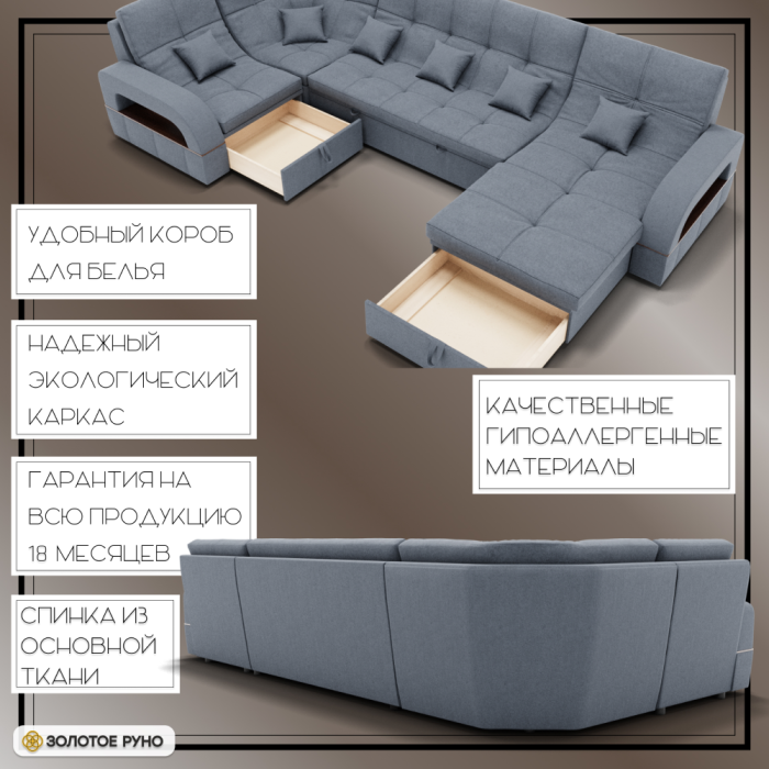 Диваны угловые в гостиную, П-образный диван Майами-4 ППУ, велюр