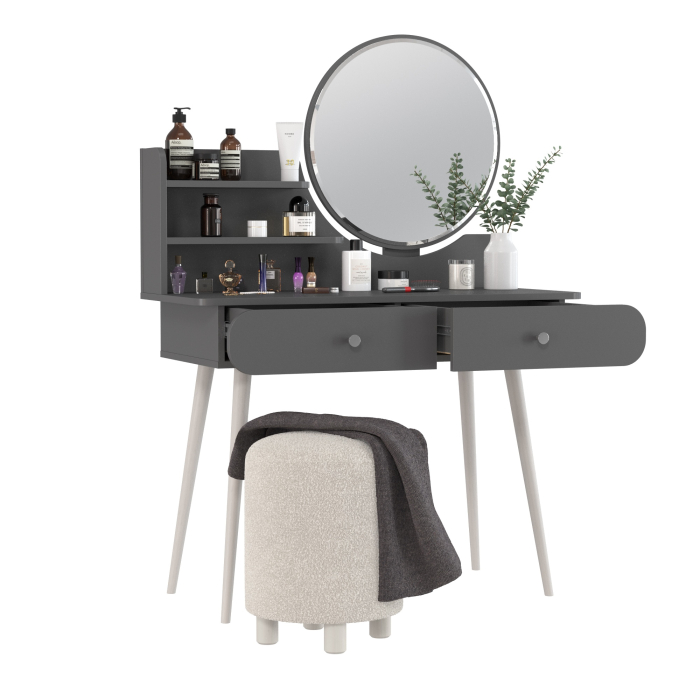 С зеркалом, Туалетный столик 4-25914М и мягкий тканевый пуфик Марта