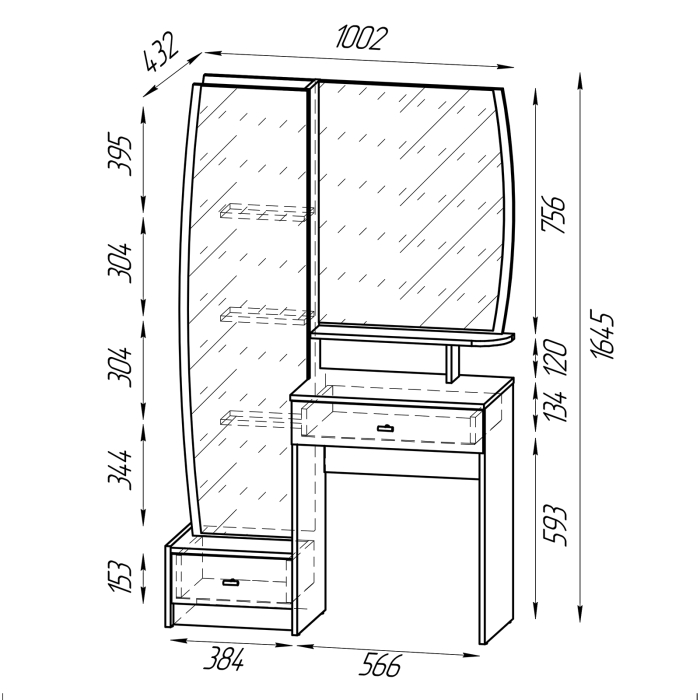 С зеркалом, Трюмо с зеркалами для хранения косметики Сицилия и банкетка Куби